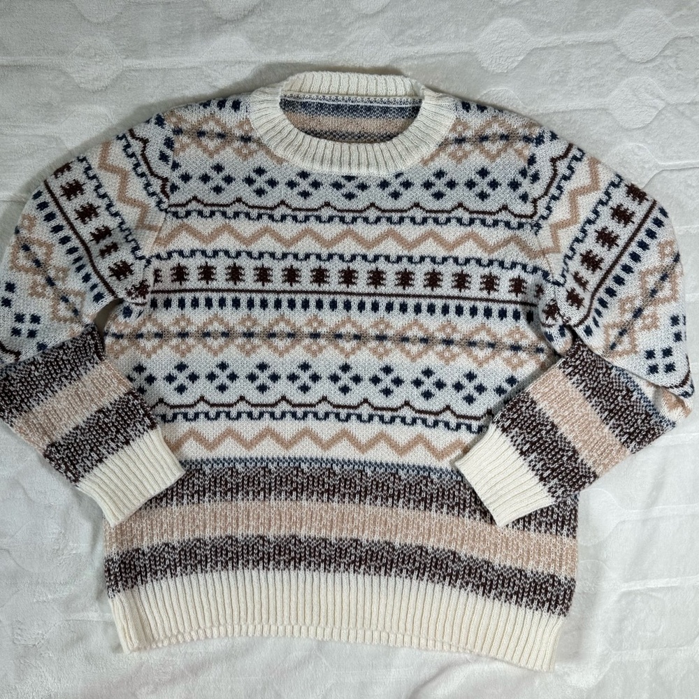 SHEIN Geometric Crewneck Sweater - Cream and Brown size M Women